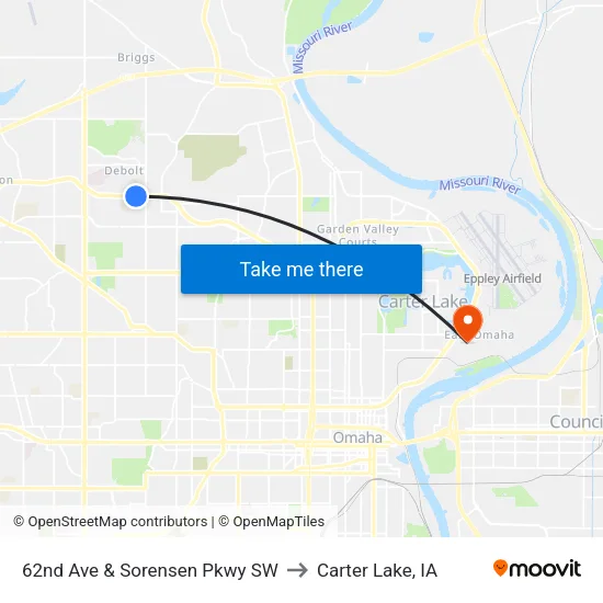 62nd Ave & Sorensen Pkwy SW to Carter Lake, IA map
