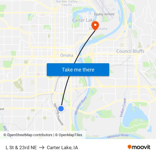 L St & 23rd NE to Carter Lake, IA map