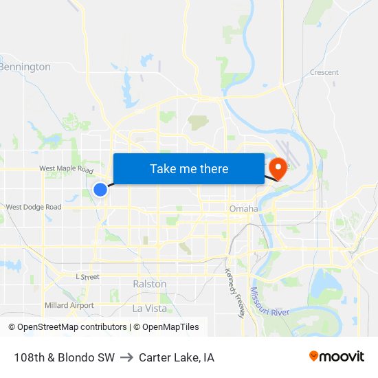 108th & Blondo SW to Carter Lake, IA map