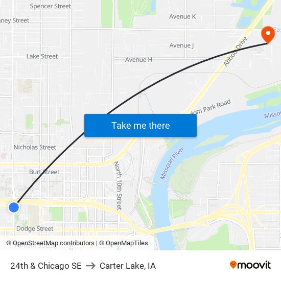 24th & Chicago SE to Carter Lake, IA map