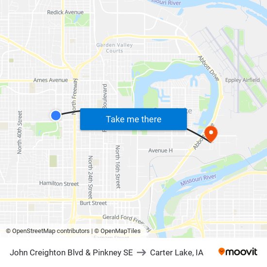 John Creighton Blvd & Pinkney SE to Carter Lake, IA map