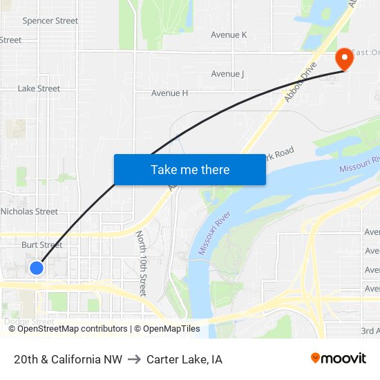 20th & California NW to Carter Lake, IA map