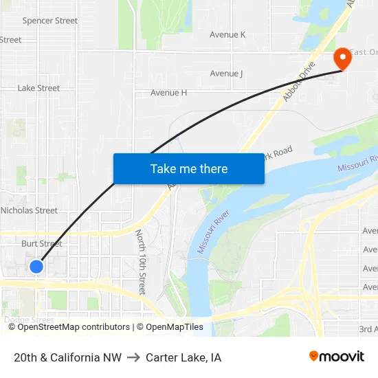 20th & California NW to Carter Lake, IA map