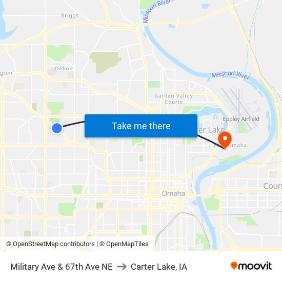 Military Ave & 67th Ave NE to Carter Lake, IA map