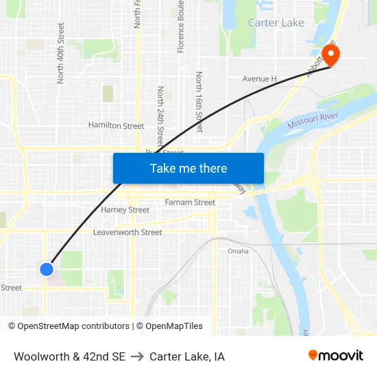 Woolworth & 42nd SE to Carter Lake, IA map