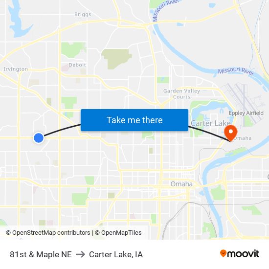 81st & Maple NE to Carter Lake, IA map