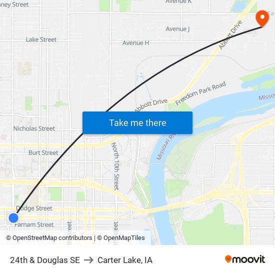 24th & Douglas SE to Carter Lake, IA map