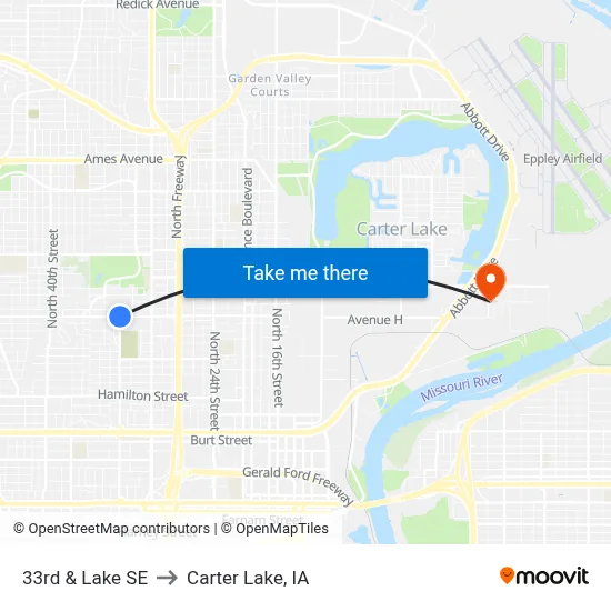 33rd & Lake SE to Carter Lake, IA map