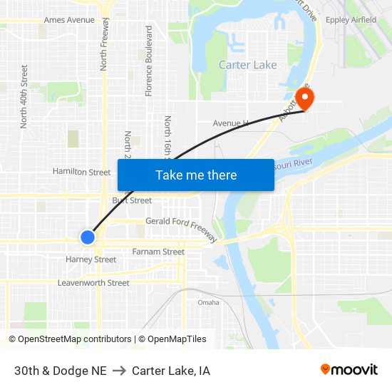 30th & Dodge NE to Carter Lake, IA map