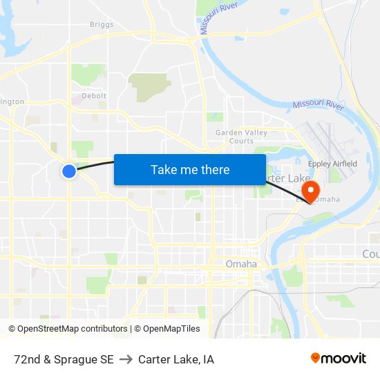 72nd & Sprague SE to Carter Lake, IA map