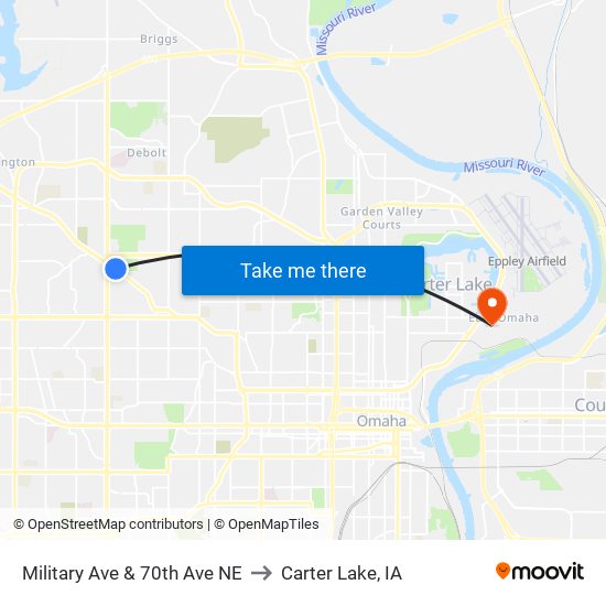 Military Ave & 70th Ave NE to Carter Lake, IA map