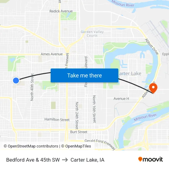 Bedford Ave & 45th SW to Carter Lake, IA map