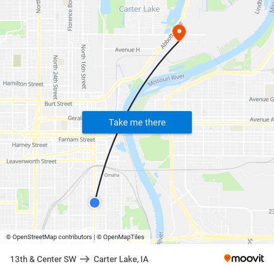 13th & Center SW to Carter Lake, IA map