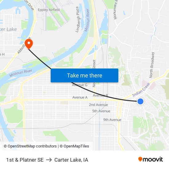 1st & Platner SE to Carter Lake, IA map