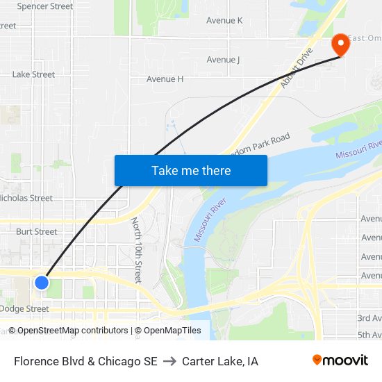 Florence Blvd & Chicago SE to Carter Lake, IA map