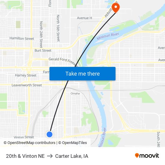 20th & Vinton NE to Carter Lake, IA map