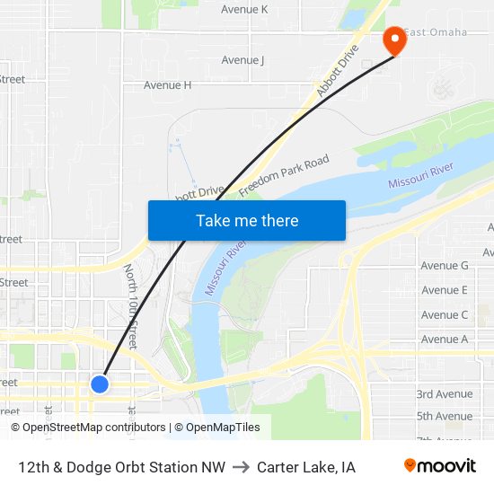 12th & Dodge Orbt Station NW to Carter Lake, IA map