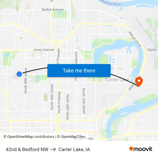42nd & Bedford NW to Carter Lake, IA map