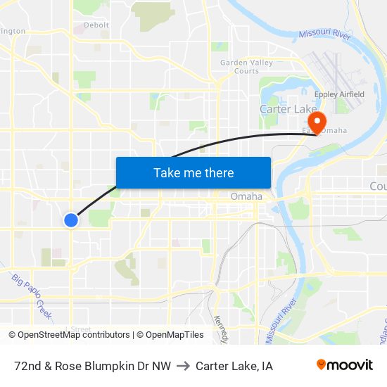 72nd & Rose Blumpkin Dr NW to Carter Lake, IA map