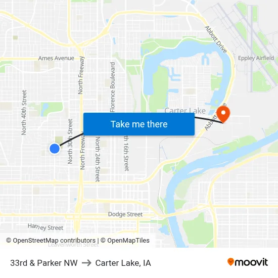 33rd & Parker NW to Carter Lake, IA map