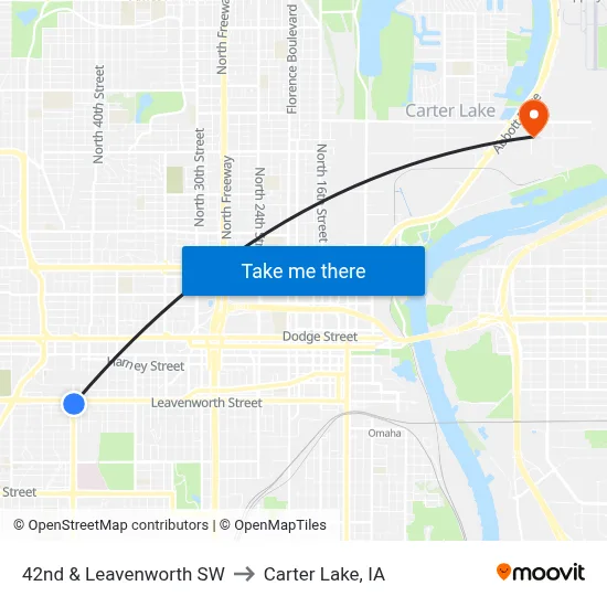 42nd & Leavenworth SW to Carter Lake, IA map
