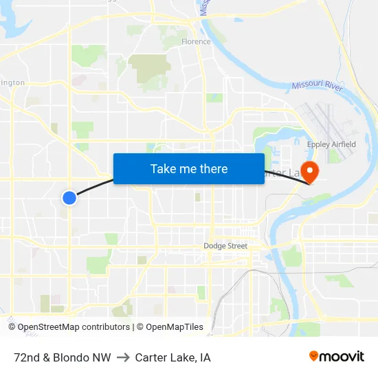 72nd & Blondo NW to Carter Lake, IA map