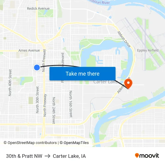 30th & Pratt NW to Carter Lake, IA map