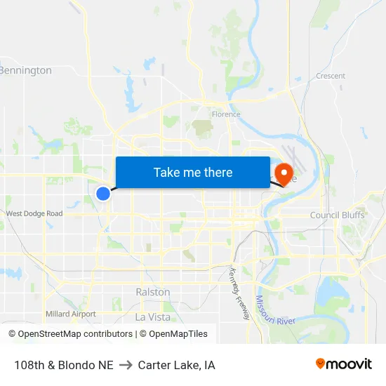 108th & Blondo NE to Carter Lake, IA map