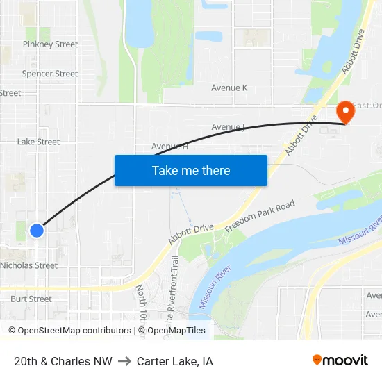 20th & Charles NW to Carter Lake, IA map
