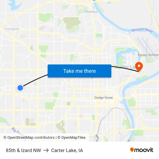 85th & Izard NW to Carter Lake, IA map