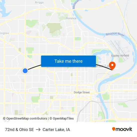 72nd & Ohio SE to Carter Lake, IA map