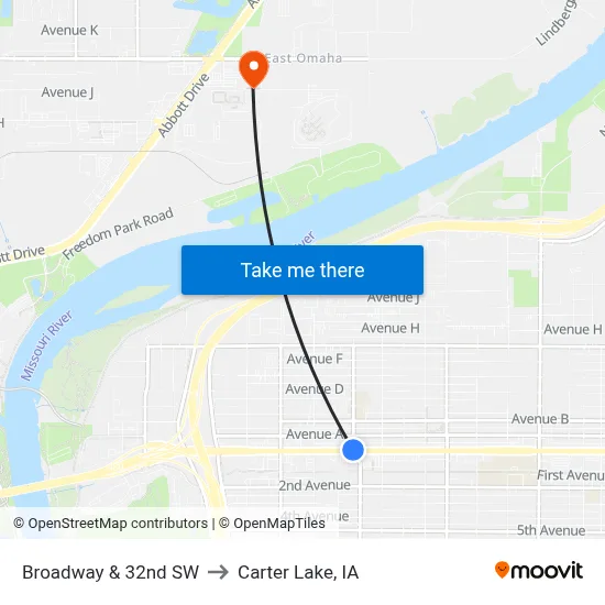 Broadway & 32nd SW to Carter Lake, IA map