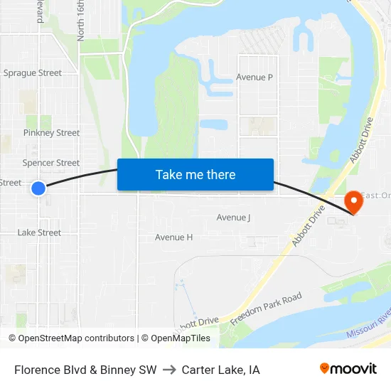 Florence Blvd & Binney SW to Carter Lake, IA map