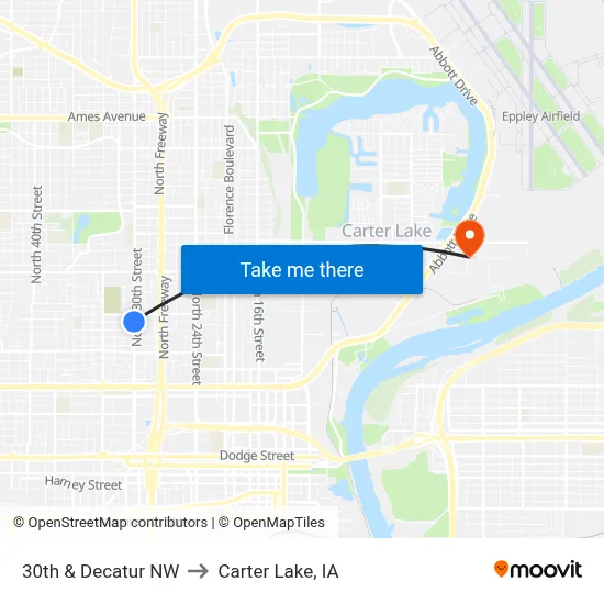 30th & Decatur NW to Carter Lake, IA map