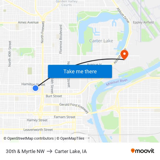 30th & Myrtle NW to Carter Lake, IA map