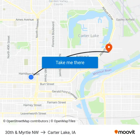 30th & Myrtle NW to Carter Lake, IA map
