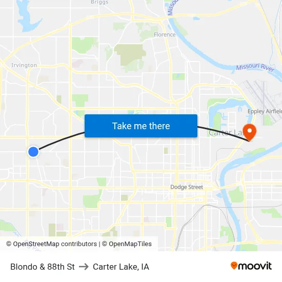 Blondo & 88th St to Carter Lake, IA map