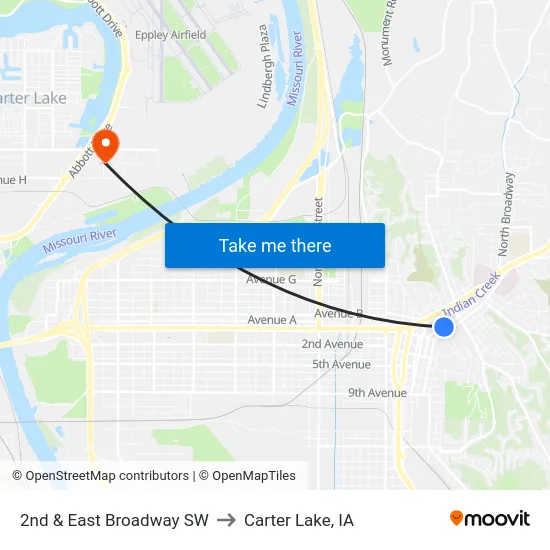 2nd & East Broadway SW to Carter Lake, IA map