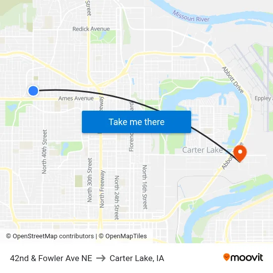 42nd & Fowler Ave NE to Carter Lake, IA map