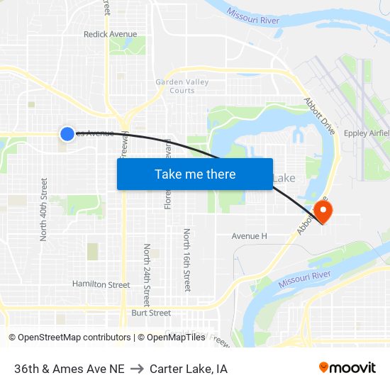 36th & Ames Ave NE to Carter Lake, IA map