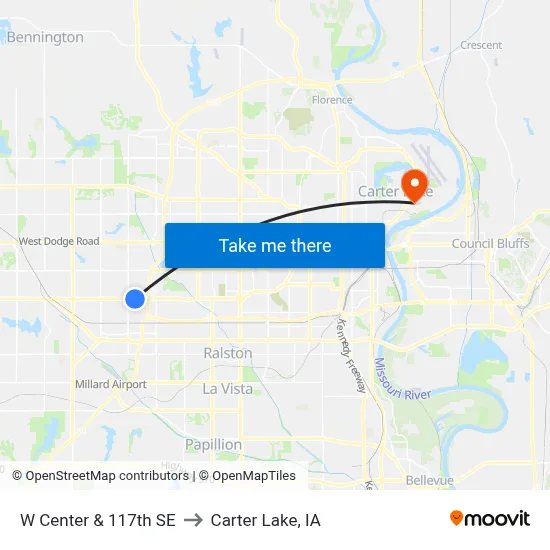 W Center & 117th SE to Carter Lake, IA map