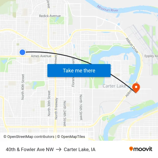 40th & Fowler Ave NW to Carter Lake, IA map
