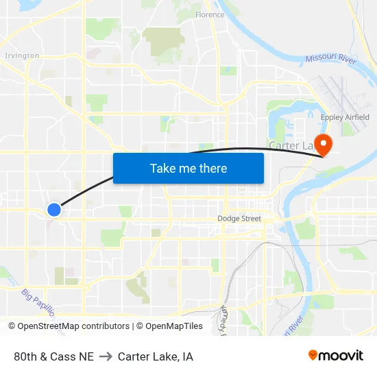 80th & Cass NE to Carter Lake, IA map