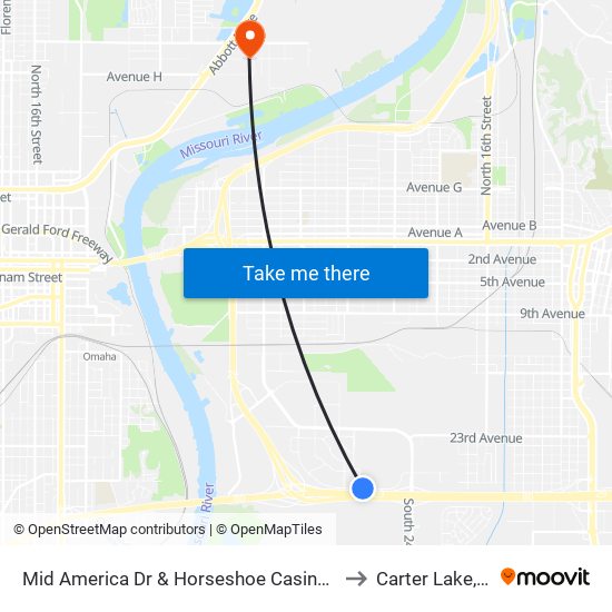 Mid America Dr & Horseshoe Casino NE to Carter Lake, IA map