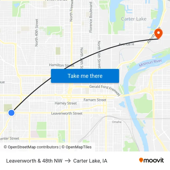 Leavenworth & 48th NW to Carter Lake, IA map
