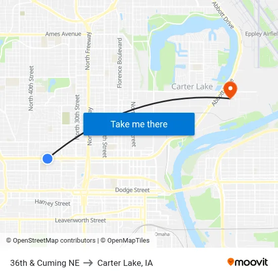 36th & Cuming NE to Carter Lake, IA map