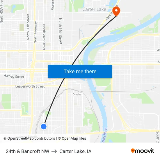24th & Bancroft NW to Carter Lake, IA map
