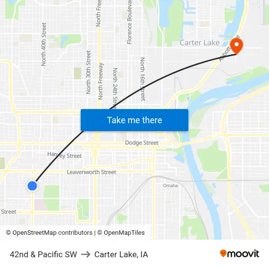 42nd & Pacific SW to Carter Lake, IA map