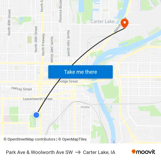 Park Ave & Woolworth Ave SW to Carter Lake, IA map