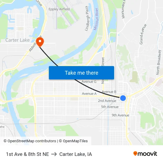 1st Ave & 8th St NE to Carter Lake, IA map